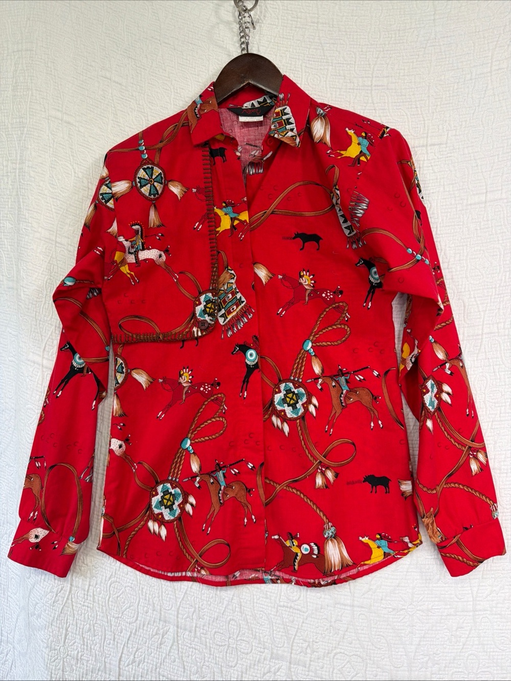 Vintage 80s Roper Shirt Women XS Western Red Cotton Shoulder Pads All Over Print